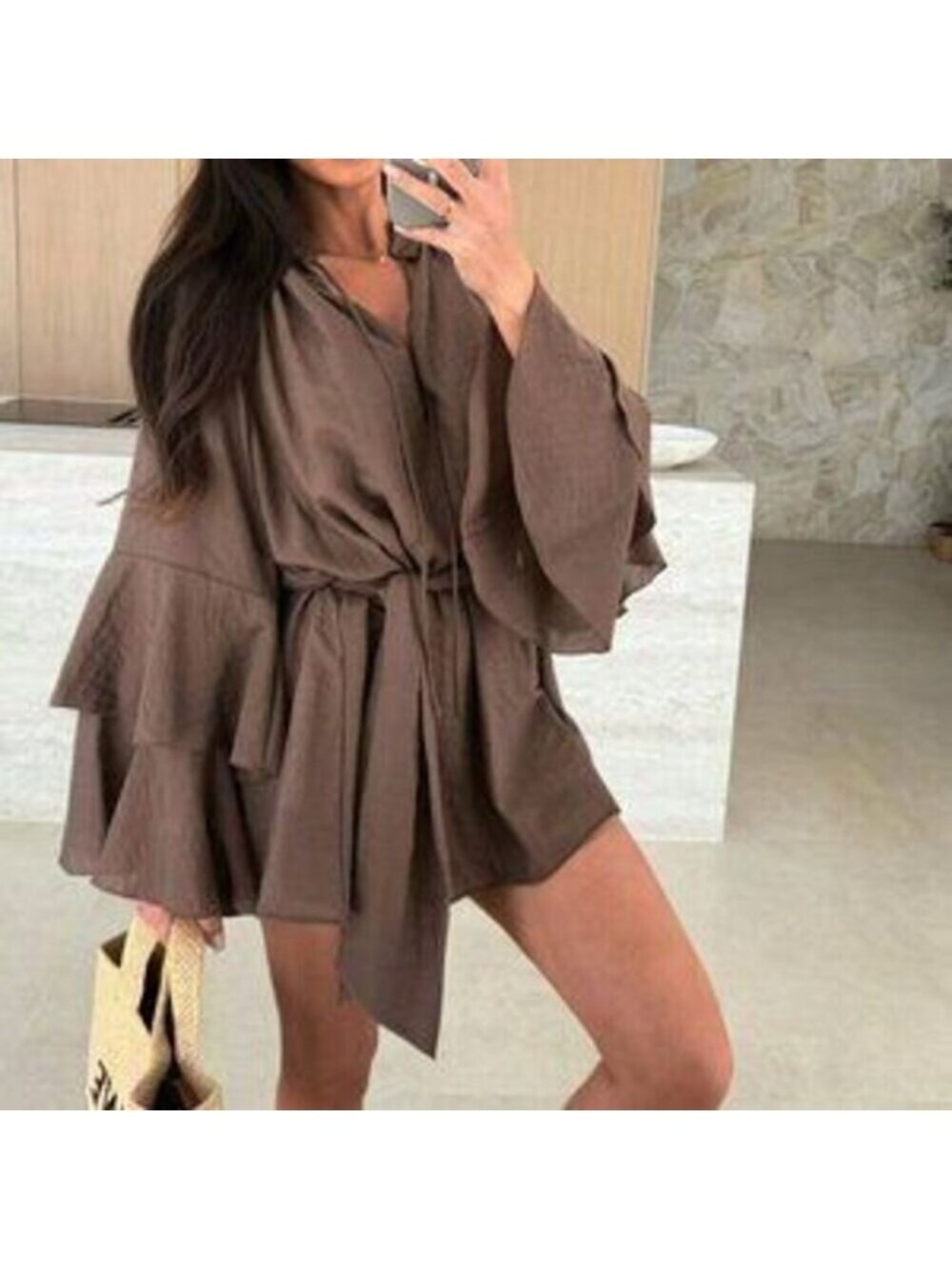 Coffee Boho Women's V-Neck Asymmetrical Tie-Up Long Sleeve Loose Mini Dress - Picture 3 of 5